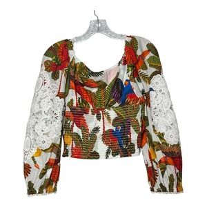 FARM Rio Tropical Bird Floral Print Smocked Cropped Top White Lace Long Sleeve M